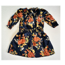 Janie and Jack Girls Floral Fit  Flare Dress Navy 2T Ruffle Neck Smocked