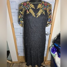 Vtg 80s Silk Black and Gold Embellished Beaded Sequin Dress