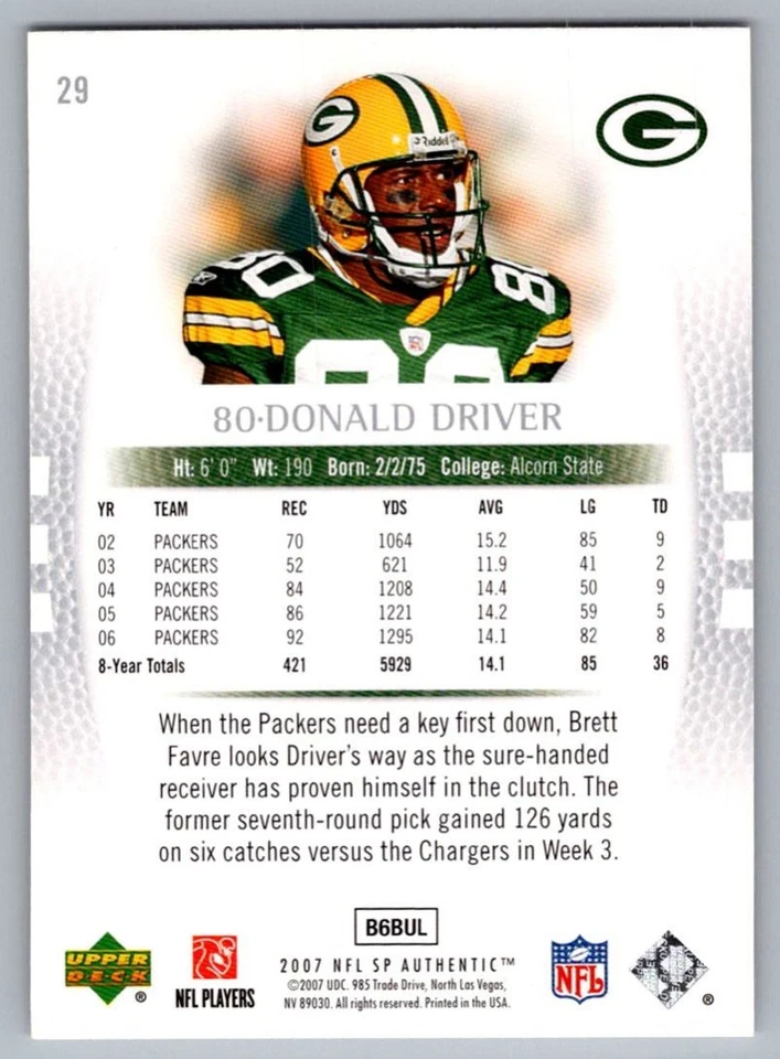 2007 SP Authentic Donald Driver Green Bay Packers #29 - Image 2 of 2