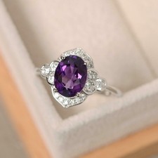 2ct Natural Purple Amethyst Solitaire Floral Halo Ring 14K White Gold Plated