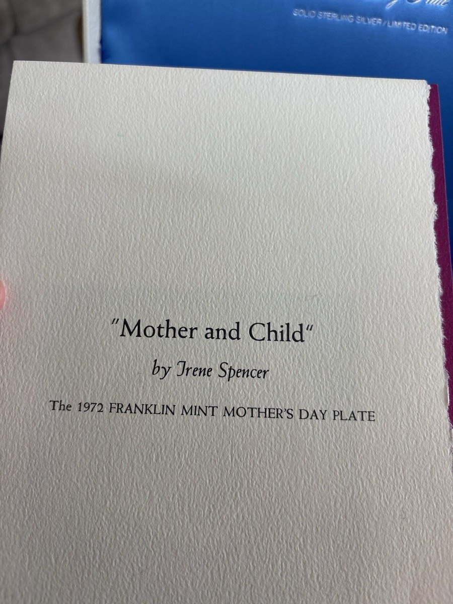 1972 Franklin Mint Sterling Silver Mother's Day Plate Mother
