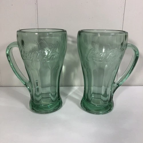 2 Vintage Libbey Coca-Cola Green Glass Mugs With Handles Heavy