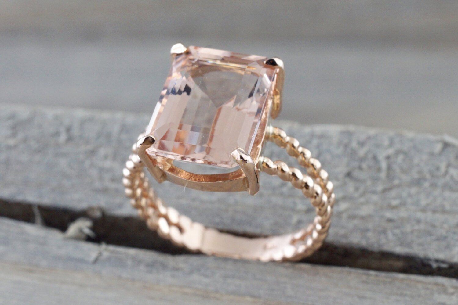 2.20Ct Peach Morganite Emerald Simulated Ring in 14K Rose Gold Plated Split Shank