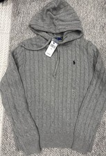 NWT Polo Ralph Lauren GRAY Cotton Cable Knit Long Sleeve HOODED Sweater M