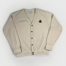 Vintage IZOD Cardigan Sweater L Made In USA Cream Knit Crest Logo Preppy 80’s