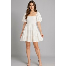 H&M Milkmaid Dress Womens S White Puff Sleeve Tiered Boho Cottagecore Prairie