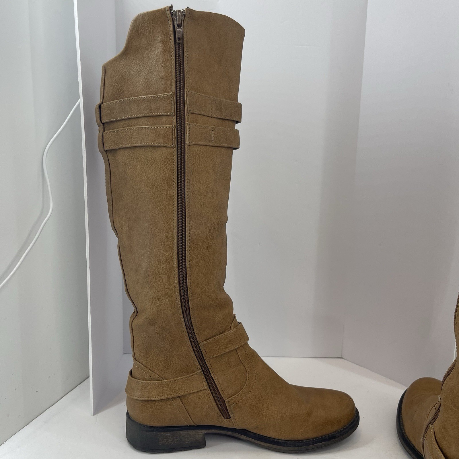 BareTraps Sheela Knee-High Boots 10M Cognac Brown Zip Buckle Riding Biker