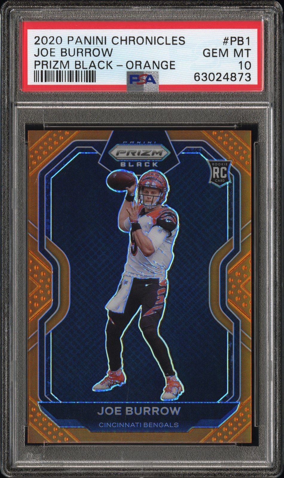 2020 PANINI CHRONICLES PRIZM BLACK ORANGE #PB1 JOE BURROW #/75 PSA 10