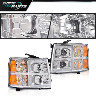 Fit For 07-14 Silverado 1500 2500 3500 Amber Chrome LED Projector Headlights
