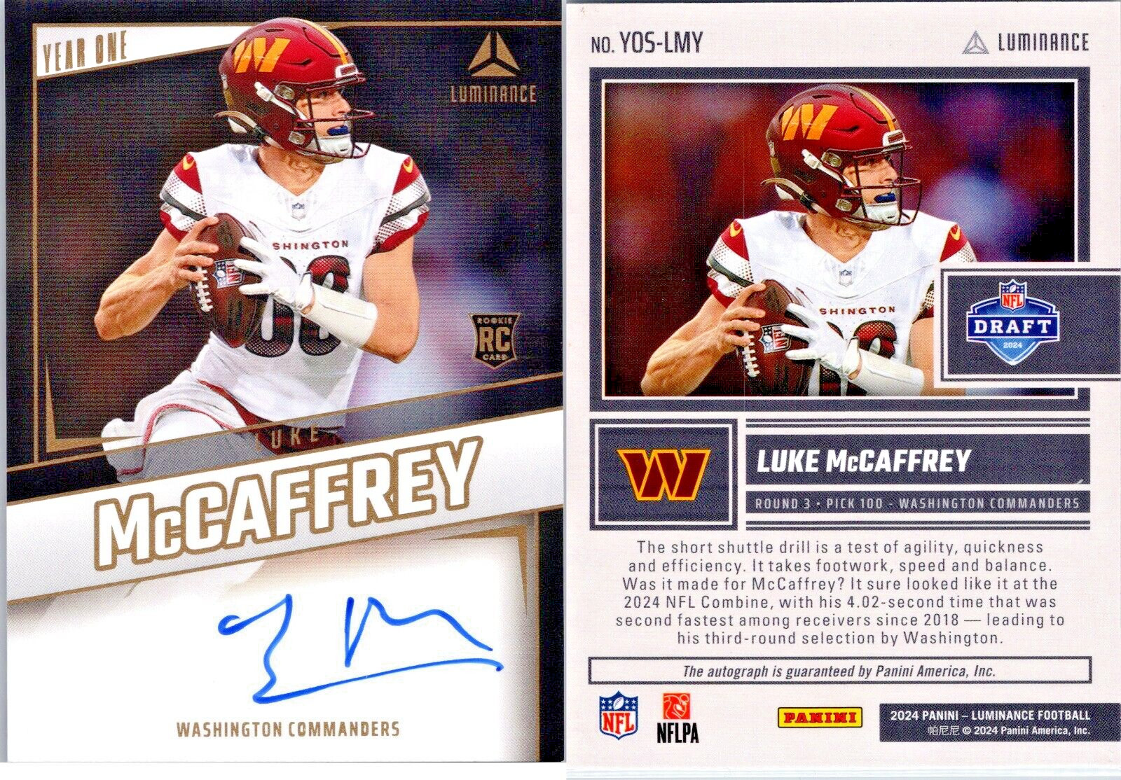2024 Panini Luminance NFL Luke McCaffrey # YOS-LMY GOLD "YEAR ONE SIGNATURES 334