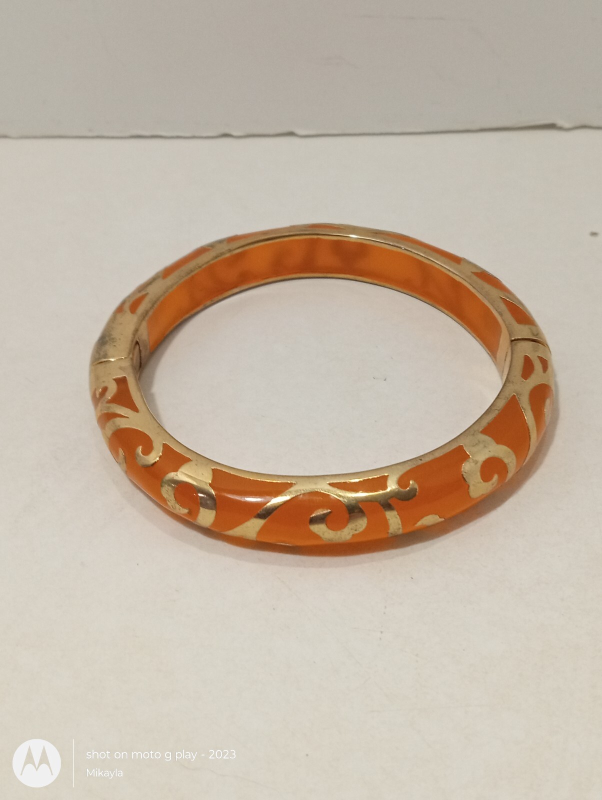 Orange Enamel Scroll Hinged Bangle Bracelet Gold … - image 7