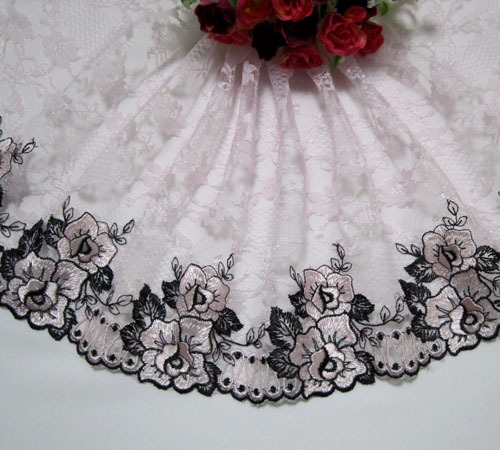 LOT 5 Yard Flower Embroidered Tulle Lace Trim Sewing Black Baby Pink Width 19 CM - Picture 1 of 4