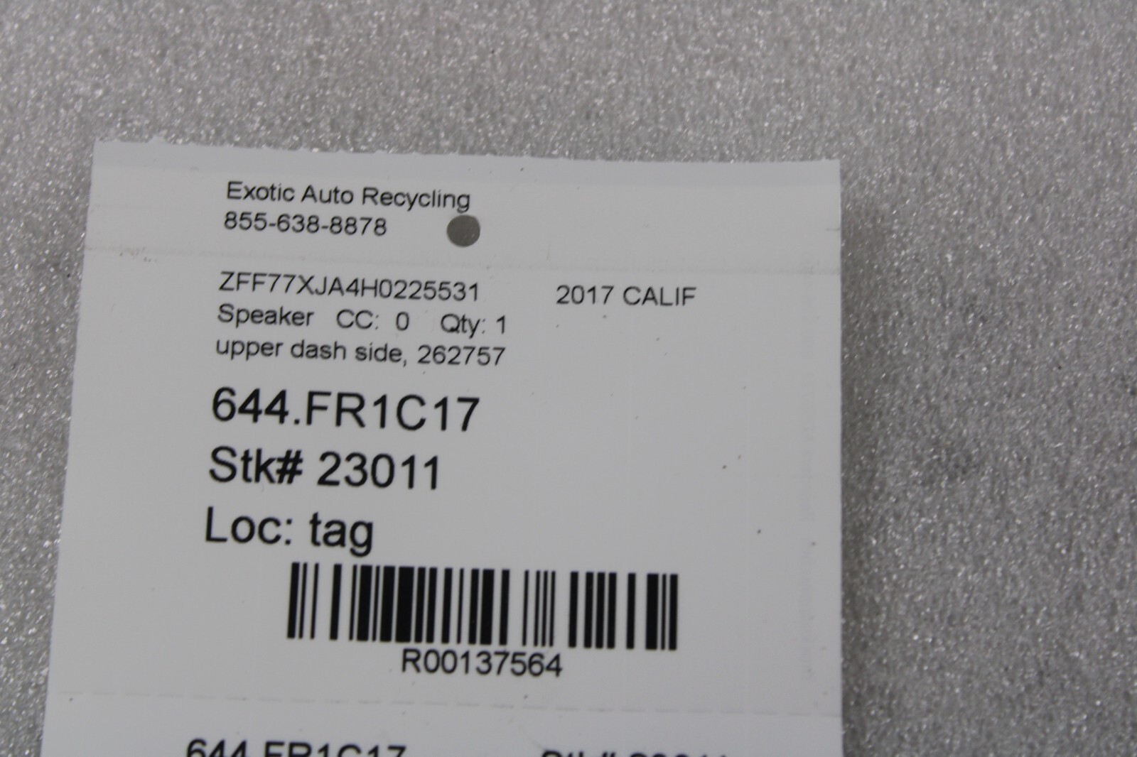 Ferrari 488, California T, FF, Dash Speaker, HI FI Version, Used, P/N 262757