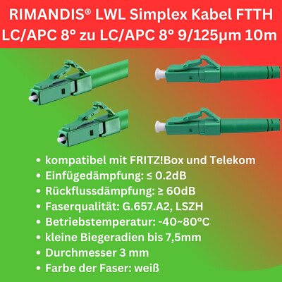 RIMANDIS  10 m Glasfaser LWL Patchkabel Single LC/APC-LC/APC Telekom FritzBox