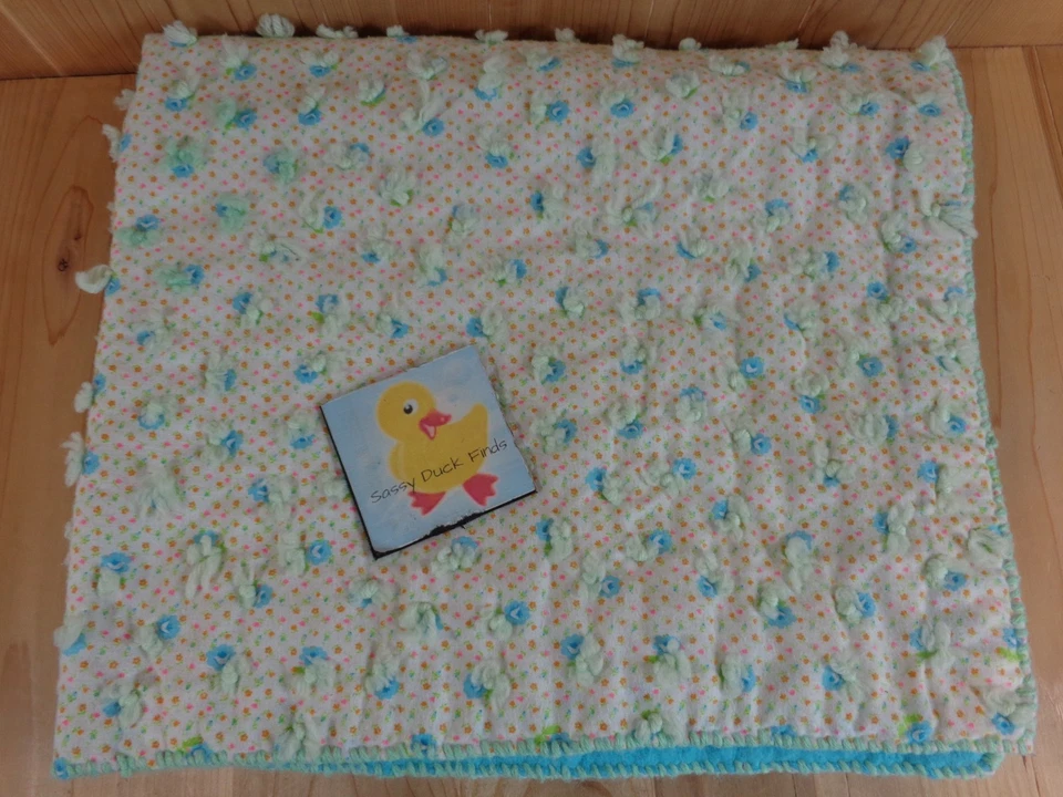 Manta Bebé Vintage Hecha a Mano 38X34" Rosas Azules Naranja Flores  Foto 2 de 3