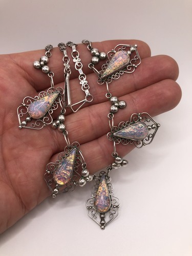 Vintage Mexico Foil Glass Opal Sterling Silver 925 Necklace Earring Set - Picture 10 of 15