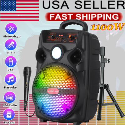 1100W Portable 8'' Bluetooth PA Speaker w/ Stand Mic Led Light Party Speaker TWS