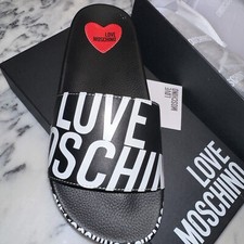 Love Moschino Black  White Slides/Shoes/Flip Flops Brand New in Box Size 39