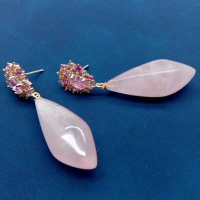Natural Rose Quartz Gold Plated Stud Dangle Stones Cz Stud Earrings Jewelry