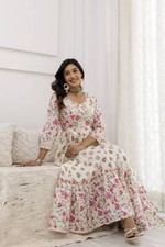 Indian Women white Cotton Floral Printed Anarkali Flared Kurta comfort Long Dres