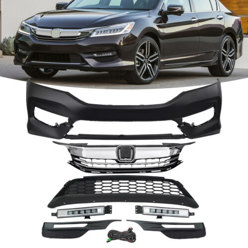 For 2016-2017 Honda Accord Front Bumper Upper Lower Grill & LED Fog Lights Set
