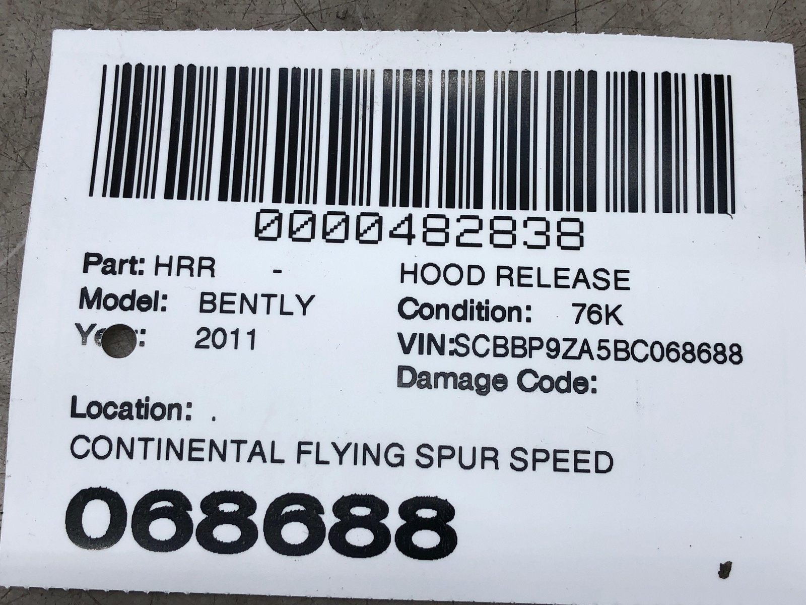 2006-2012 BENTLEY CONTINENTAL FLYING SPUR SPEED HOOD RELEASE LEVER 3W0823533A