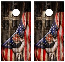 Firefighter Cross Barnwood Cornhole Board Wrap LAMINATED Decal Vinyl Sticker