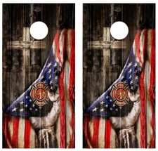 Firefighter Cross Barnwood Cornhole Board Wrap LAMINATED  Decal Vinyl Sticker 