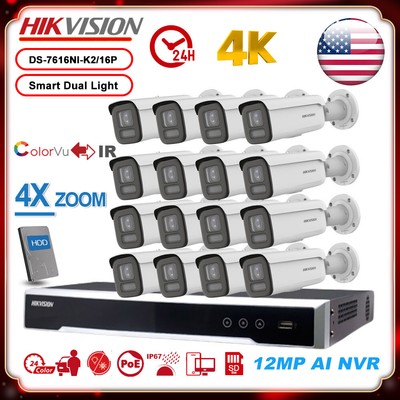 Hikvision 4K 16CH Security System Smart Colorvu 8MP 4XZoom Camera Bullet POE Lot
