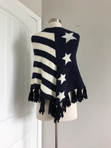 NWT PINKO VIVIANA NAVY BLUE WHITE STARS STRIPES FRINGE PONCHO SZ M MADE IN ITALY - Picture 3 of 8