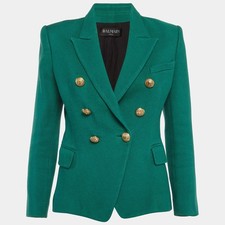 Balmain Green Cotton Basketweave Double Breasted Blazer M