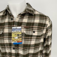 Orvis Shirt Mens Large Green Plaid Big Bear Flannel Heavyweight Button Up