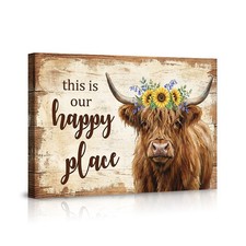 Highland Cow with Sunflower Crown Wall Art Canvas Poster Happy Place Decor