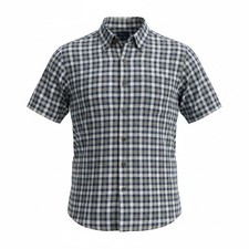 Van Heusen Short Sleeve Shirt Men  s Size XL 17-17.5 Blue Tan  White Plaid