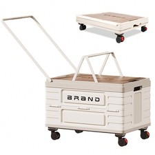 Folding Utility Cart Wooden Lid 4 Swivel Wheels White