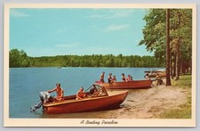 Boating Paradise Boats Bank Landscape Lake Scene Postcard Vintage 1950s