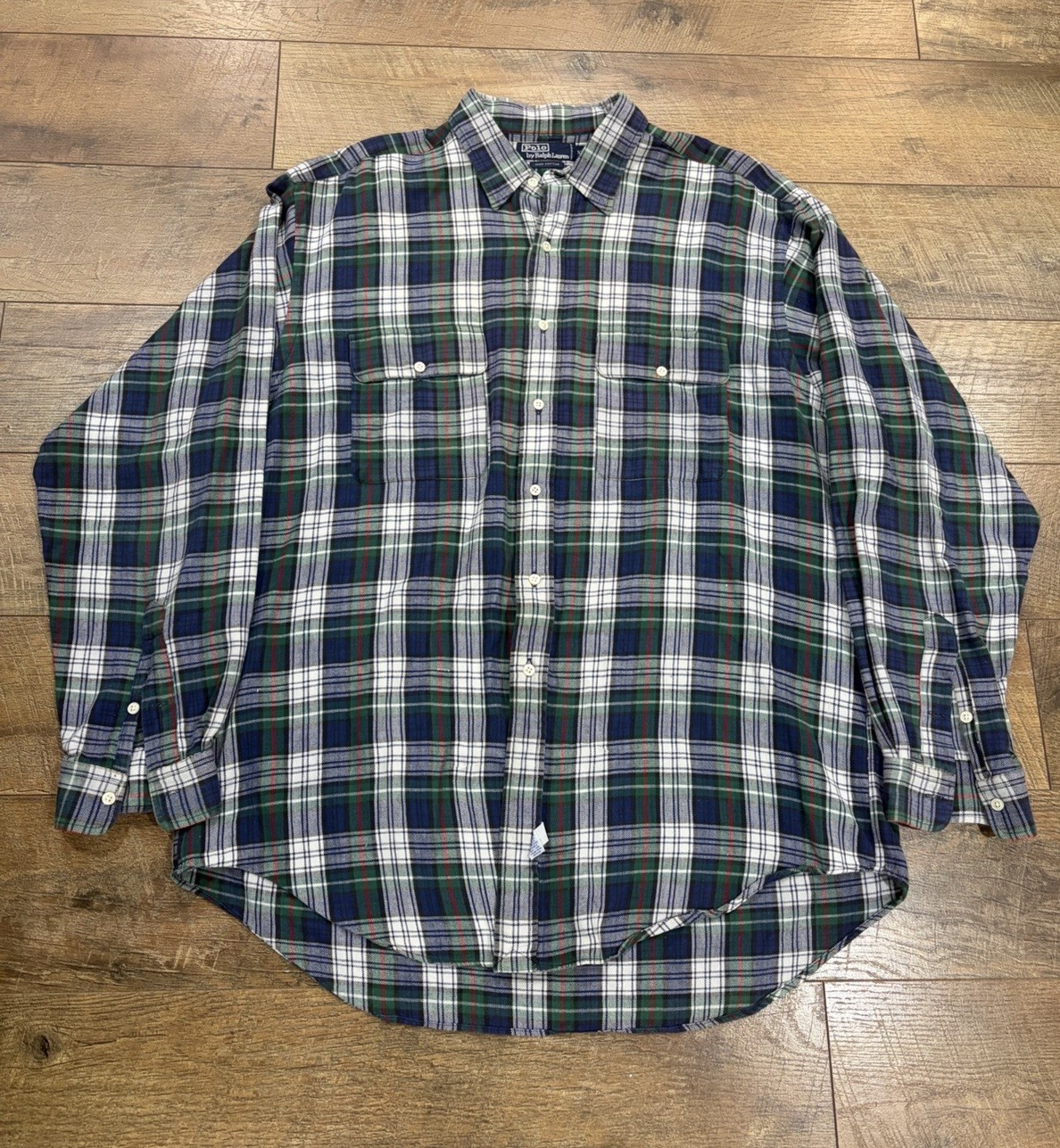 Vintage 90s Polo Ralph Lauren Plaid Flannel Button Up Shirt XL Blue Green