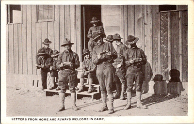 Vintage Postcard Soldiers Reading Mail Outside Camp Barracks Scene