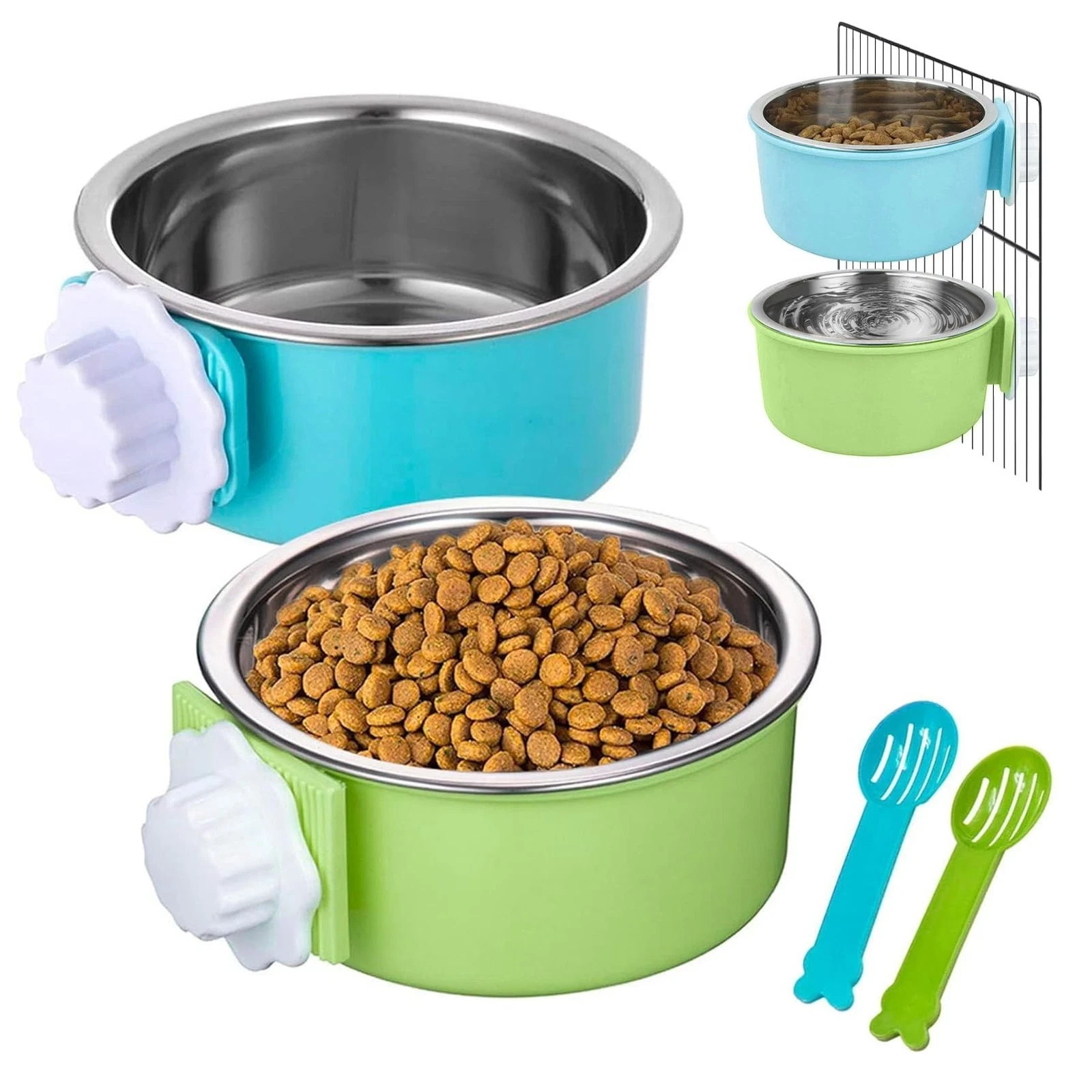 2 Pack Hanging Dog Bowls with Removable Stainless Steel Feeder for Kennel Cage