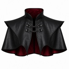 Womens Genuine Leather Gothic Shoulder Cape Vampire Cloak High Collar Red Lining