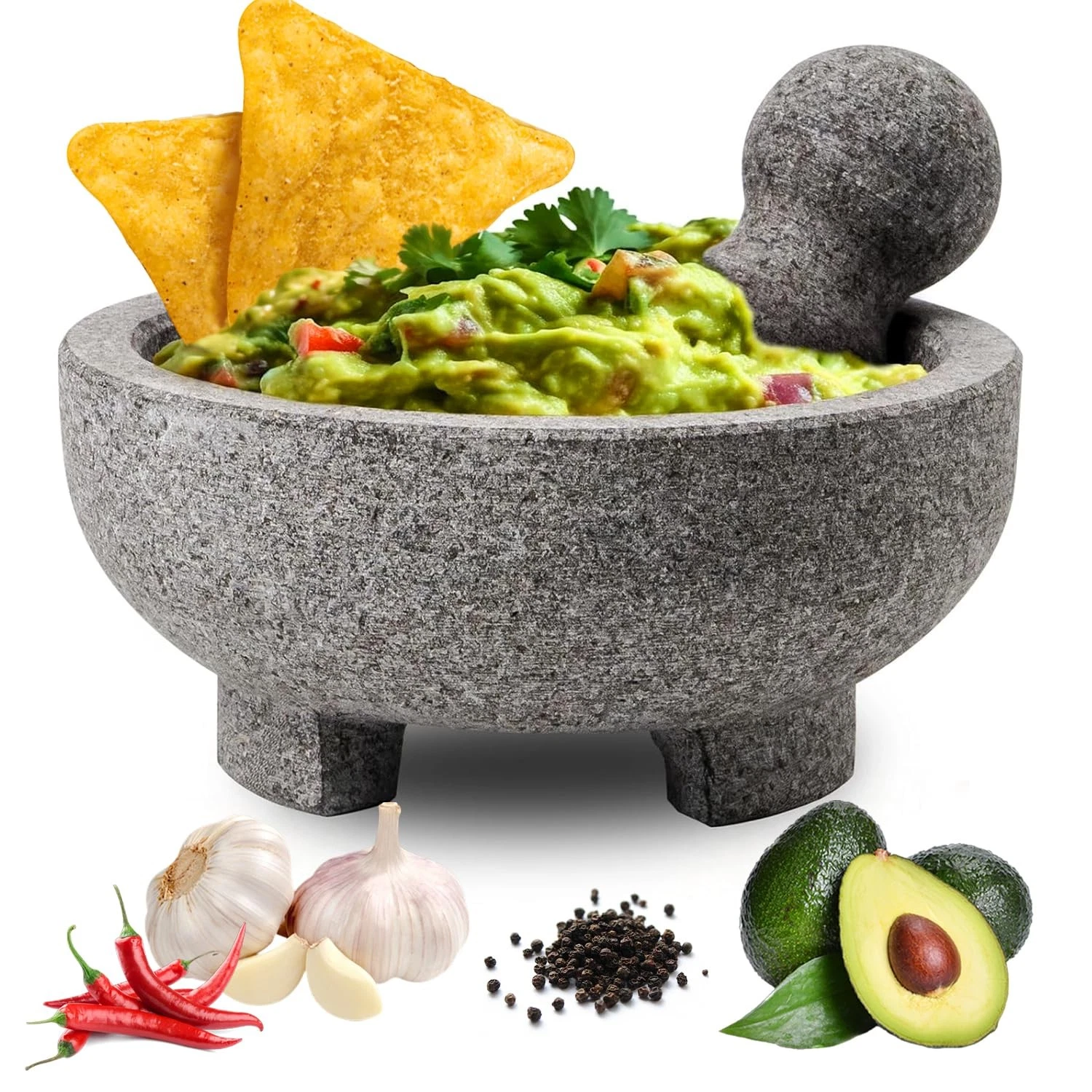 Mortar and Pestle Set, 4 Cup Natural Unpolished Granite Molcajete Mexicano, 8...