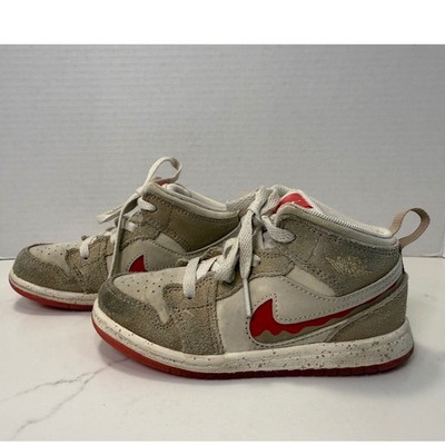 Nike Air Jordan 1 Mid SE Kids Tan Red Melting Swoosh HJ5959-206 Size 10C