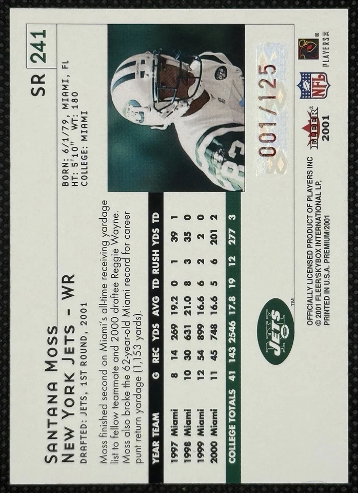 2001 Fleer Premium Star Rubies #241 SANTANA MOSS Rookie RC #001/125 Bookend JETS - Image 2 of 2