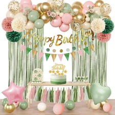 Pink Sage Green Birthday Party Decorations Kits for Girls Women with Happy Birth