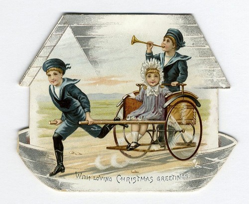 Die Cut CHRISTMAS Victorian Card RAPHAEL TUCK 1880's Children Pulling Cart