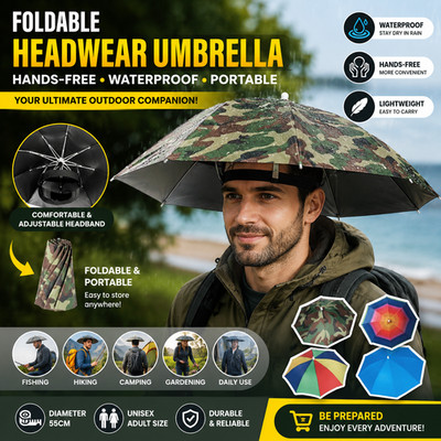 Foldable Headwear Umbrella Fishing Hat 55CM   Hands-Free Waterproof Rain Sun Cap