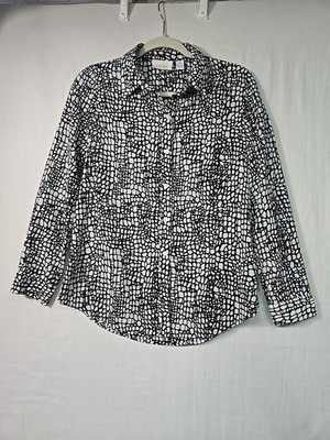 Chicos LS Blouse Women 0 (S/4) Animal Print Black White Button Up Mob Wife
