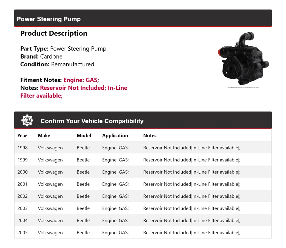 Bomba de dirección asistida de gas Cardone 1999 2000 2001 para Volkswagen Beetle 1998-2005 Foto 2 de 4