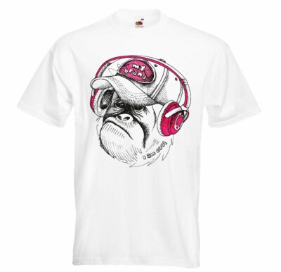 T-Shirt AFFE GORILLA SCHIMPANSE SILBERRÜCKEN MIT KOPFHÖRER UND BASE CAP TECHNO