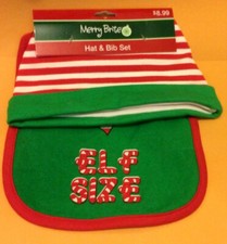 Christmas Elf Size Baby Hat and Bib Set - NEW - Green, Red  White